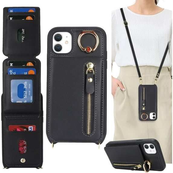 iPhone 11 Case with Card Holder for Women, iPhone 11 Phone Case Wallet with Strap Credit Card Slots Crossbody with Kickstand Zipper Case for iPhone11 - Black