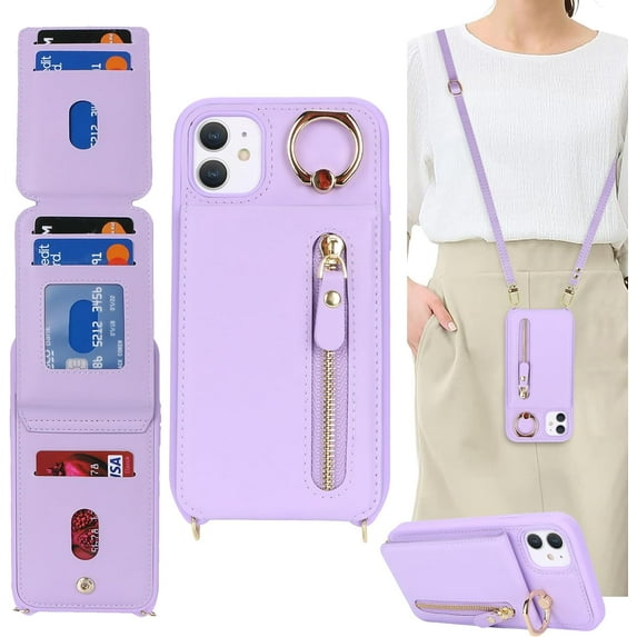 iPhone 11 Case with Card Holder for Women, iPhone 11 Phone Case Wallet with Strap Credit Card Slots Crossbody with Kickstand Zipper Case for iPhone11 - Purple