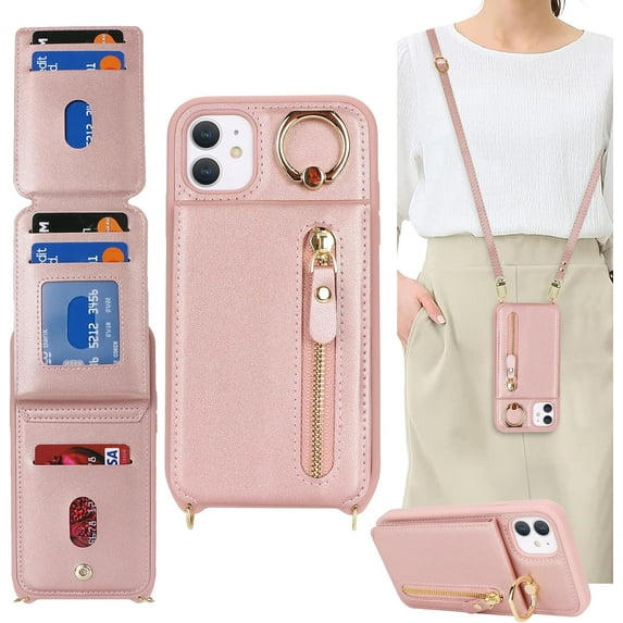 iPhone 11 Case with Card Holder for Women, iPhone 11 Phone Case Wallet with Strap Credit Card Slots Crossbody with Kickstand Zipper Case for iPhone11 - Rose Gold