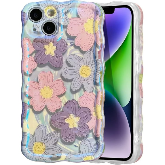 for iPhone 11 Case, Colorful Retro Oil Painting Printed Flower Phone Case for Women Girls, TPU Cute Curly Wave Edge Exquisite Stylish Durable Protective Phone Cover,Pink & Purple