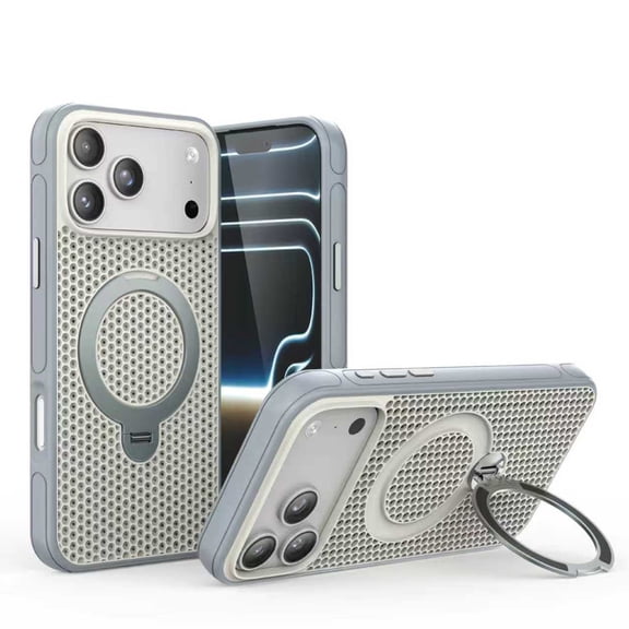 For iPhone 11 Case Compatible with MagSafe, Breathable Cooling Mesh Protective Phone Cover with Integrated Metal Ring Kickstand, Heavy Duty Shockproof Hard Shell Skin,Gray