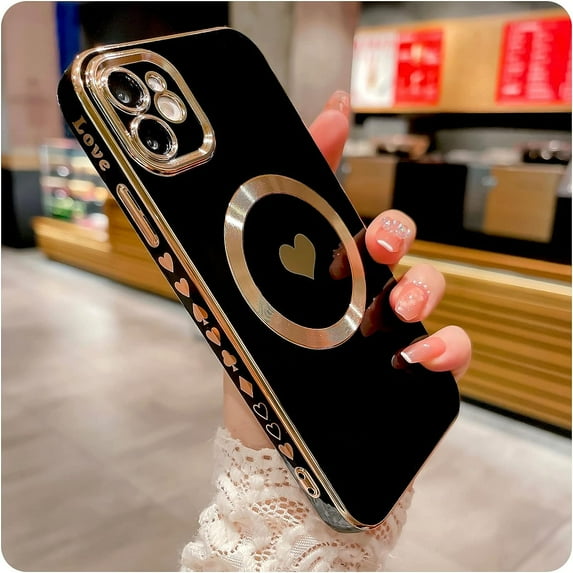for iPhone 11 Case Compatible with MagSafe, Luxury Love Heart Soft Phone Case, Full Camera Lens Protection Magnetic Case for iPhone 11 for Women Girls (6.1") - Black