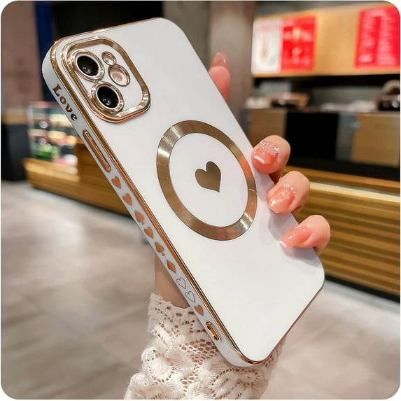for iPhone 11 Case Compatible with MagSafe, Luxury Love Heart Soft Phone Case, Full Camera Lens Protection Magnetic Case for iPhone 11 for Women Girls (6.1") - White