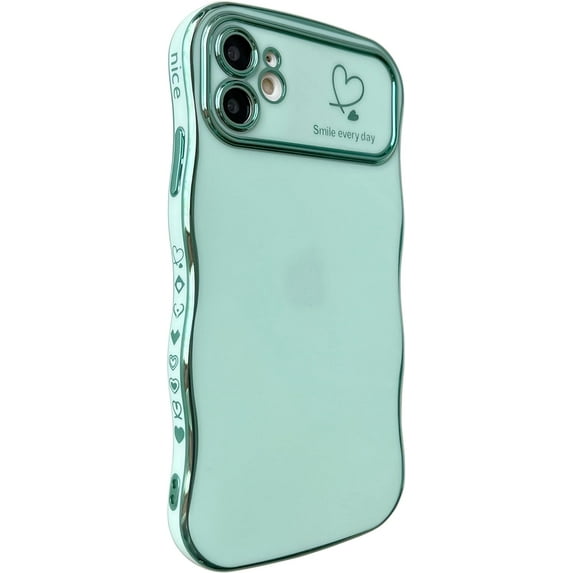 for iPhone 11 Case,Curly Wavy Grip Design Plated Love Heart Luxury Phone Case, Full Camera Lens Protection Fun Cute Side Small Pattern Electroplate Slim Soft Wave Case for iPhone 11,Mint Green