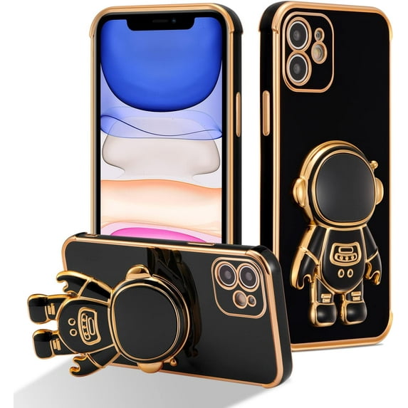 for iPhone 11 Case Cute 6D Astronaut Case with Stand Function Luxury Plating Case Cover Slim Fit Soft TPU Shockproof Bumper Protective Electroplated Case for Girls Boys,6.1 inch,Black
