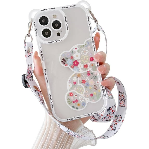 iPhone 11 Case with Cute Flowers Bear Pattern, Camera Protector, Clear Case and Lovely Strap Bracelet Chain, Compatible for iPhone 11 for Girls Women (Clear)