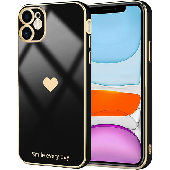 for iPhone 11 Case, Cute Love Heart Pattern for Women Girls with Full Camera Protection, Anti-Scratch Plating Soft TPU Shockproof Bumper Phone Cover for Apple iPhone 11 6.1-inch 2019, Black