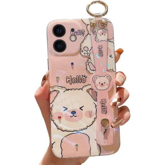 for iPhone 11 Case Cute with Wrist Strap Kickstand Glitter Bling Cartoon IMD Soft TPU Shockproof Protective Cases Cover for Girls and Women - Sunflower
