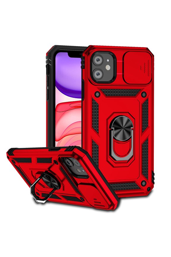 iPhone 11 Case,Dteck Shockproof Rubber Rugged Case Hybrid Hard Ring Holder Kickstand Slide Camera Lens Protector Cover for Apple iPhone 11,Red