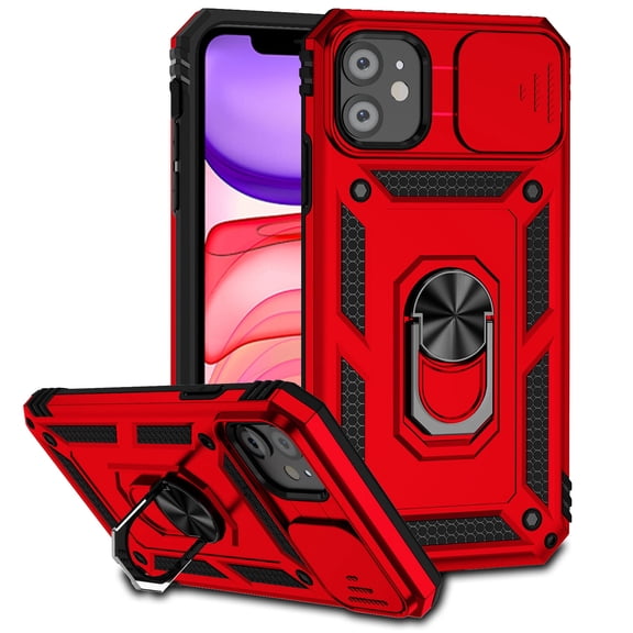iPhone 11 Case,Dteck Shockproof Rubber Rugged Case Hybrid Hard Ring Holder Kickstand Slide Camera Lens Protector Cover for Apple iPhone 11,Red