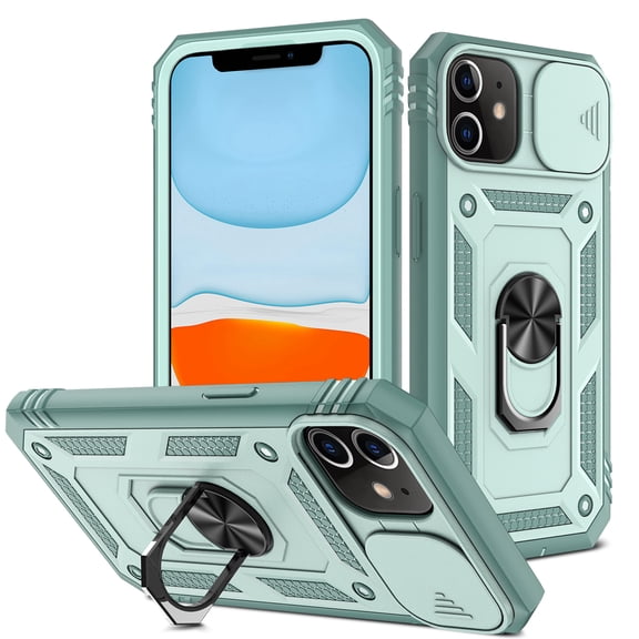 iPhone 11 Case,Dteck Shockproof Rubber Slide Camera Lens Protection Hybrid PC Ring Holder Kickstand Card Slot Design Cover For Apple iPhone 11 6.1-inch,Green