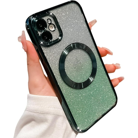 for iPhone 11 Case Glitter Magnetic Compatible with MagSafe Full Camera Lens Protection Luxury Plating Cute Bling Clear Shockproof Slim Phone Case for Women Girls (Green)