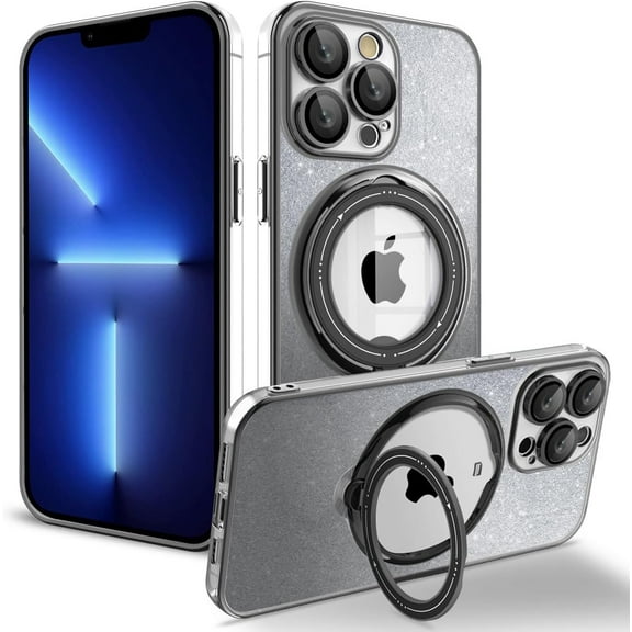 for iPhone 11 Case Glitter with Rotatable Ring Stand Compatible with MagSafe, Plating Bling Clear Case with Camera Lens Protector Slim Phone Case for Women Girls (Black)