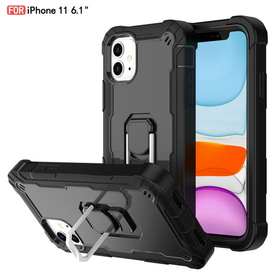iPhone 11 Case - Heavy Duty Hybrid Rugged Dual Layer Protective Shockproof Kickstand Cover with Ring Holder for Apple iPhone 11 6.1", A