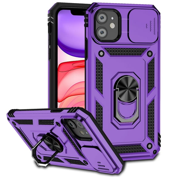 for iPhone 11 Case Heavy Duty Military Grade Protection,Camera Lens Slide Protection & 360°Rotate Magnetic Car Mount Holder Kickstand Rugged Shockproof Drop Hard Shell,Purple