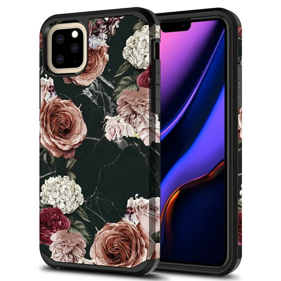 iPhone 11 Case, Kaesar Slim Hybrid Dual Layer Shockproof Hard Cover Graphic Fashion Cute Colorful Silicone Skin Cover Armor Case for iPhone 11 (Black Marble Flower)