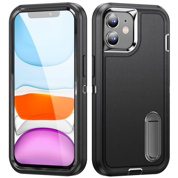 for iPhone 11 Case with Kickstand, [10FT Military Drop Protection] Rugged Heavy Duty Hard PC+Soft Silicone Rubber Bumper Hybrid Triple-Layer Case for iPhone 11 - 6.1", Black