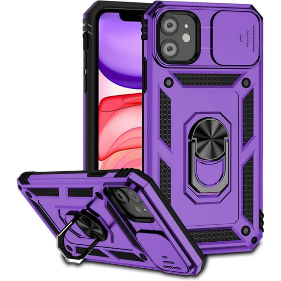 iPhone 11 Case with Lens Protection, iPhone 11 Cover with Camera Cover & Kickstand Grade Shockproof Heavy Duty Protective with Magnetic Car Mount Holder for iPhone 11 (C-Purple)