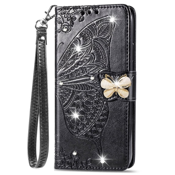 iPhone 11 Case, Mantto Bling Diamond PU Leather Flip Wallet Case Hand Strap Butterfly Embossed Full Body Protection Flip Stand Card Holder Magnetic Cover for Apple iPhone 11, Black