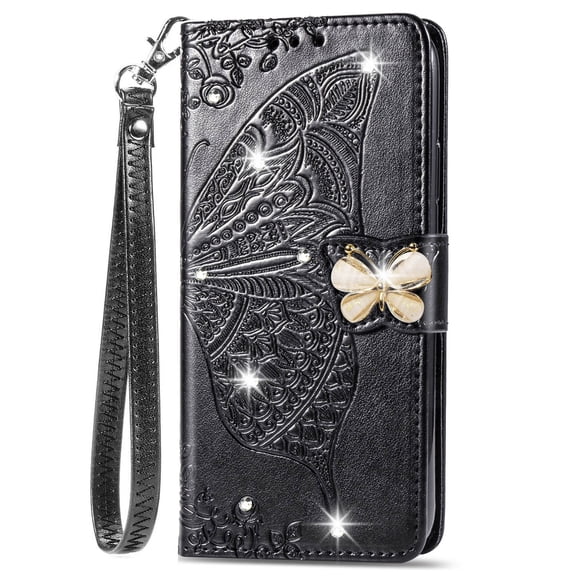 iPhone 11 Case, Mantto Bling Diamond PU Leather Flip Wallet Case Hand Strap Butterfly Embossed Full Body Protection Flip Stand Card Holder Magnetic Cover for Apple iPhone 11, Black