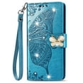 thumbnail image 1 of iPhone 11 Case, Mantto Bling Diamond PU Leather Flip Wallet Case Hand Strap Butterfly Embossed Full Body Protection Flip Stand Card Holder Magnetic Cover for Apple iPhone 11, Blue, 1 of 9