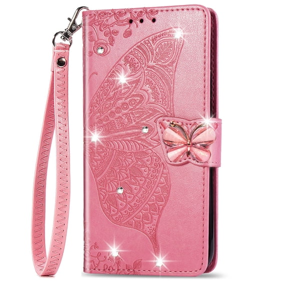 iPhone 11 Case, Mantto Bling Diamond PU Leather Flip Wallet Case Hand Strap Butterfly Embossed Full Body Protection Flip Stand Card Holder Magnetic Cover for Apple iPhone 11, Pink