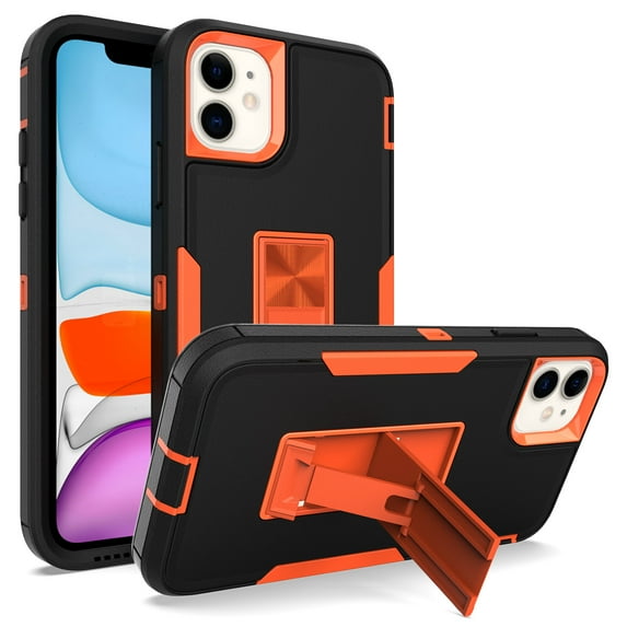 for iPhone 11 Case: Military Grade Protection Shockproof Phone Cover Build-in Hidden Kickstand & Rugged TPU Shell | Matte Durable Drop Proof Heavy Duty Case,Black+Orange