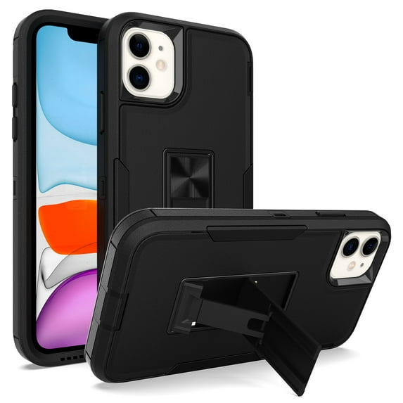 for iPhone 11 Case: Military Grade Protection Shockproof Phone Cover Build-in Hidden Kickstand & Rugged TPU Shell | Matte Durable Drop Proof Heavy Duty Case,Black+Black