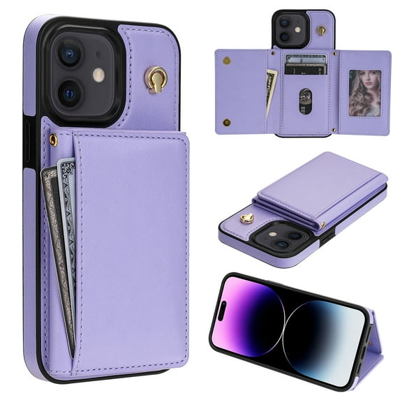 for iPhone 11 Case, PU Leather Crossbody Wallet Case with Card Holder, Kickstand, Magnetic Clasp Folio Zipper Purse, Adjustable Removable Strap, Protective Back Cover, Purple