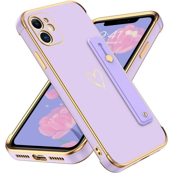 for iPhone 11 Case, Phone Case for iPhone 11 with Wristband Holder Heart Pattern Soft TPU Bumper Electroplated Shockproof Protective Women Phone Cover for iPhone 11 6.1'', Purple.