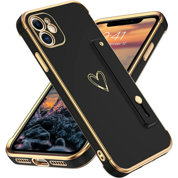 iPhone 11 Case, Phone Case for iPhone 11 with Wristband Holder Cute Heart Pattern Soft TPU Bumper Electroplated Shockproof Protective Women Phone Cover for iPhone 11 6.1'', Black.