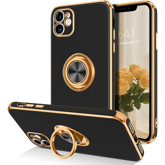 iPhone 11 Case,Phone Cases for iPhone 11,Slim Fit Soft 360° Ring Holder Kickstand Magnetic Car Mount Supported Easy Clean Shockproof Protective Cover for Apple iPhone 11 6.1" 2019,Black/Golden