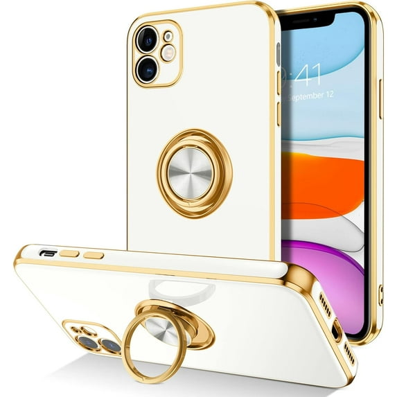 iPhone 11 Case,Phone Cases for iPhone 11,Slim Fit Soft 360° Ring Holder Kickstand Magnetic Car Mount Supported Easy Clean Shockproof Protective Cover for Apple iPhone 11 6.1" 2019,White/Golden