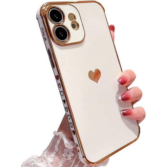 for iPhone 11 Case Plating Love Heart Phone Case TPU with Full Unique Full Camera Lens Protection Reinforced Corners Fun Cute Side Small Pattern Electroplate Case,White