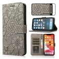 thumbnail image 1 of For iPhone 11 Case, Premium Leather Magnetic Closure Flip Wallet Case with Card Holder Cash Slot Stand Function Embossed Flower Pattern Slim Shockproof Lanyard/Strap Cover,Gray, 1 of 6