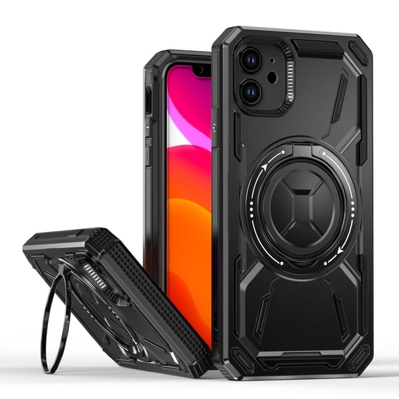for iPhone 11 Case Protective Cover with Built-in Ring Kickstand, Heavy Duty Military Grade Drop Protection Shock-Proof Grip Durable Dual-Layer Design Cover Support Wireless Charging, Black