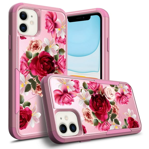 iPhone 11 Case , [ Red Floral Rose  ] Shockproof Heavy Duty Armor Protective Phone Cases Hard Rugged Bumper Cover for iPhone 11 6.1 inch