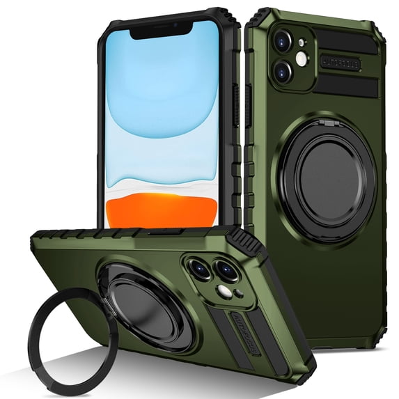 For iPhone 11 Case with Ring Stand,2-Layer Full Body Heavy Duty Shockproof Rugged,360°Rotatable Ring Holder Magnetic Kickstand,Non-Slip Protective Phone Case for iPhone 11,Darkgreen