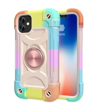 for iPhone 11 Case with Ring Stand, Heavy Duty Military Grade Rugged Shockproof Silicone Rubber Magnetic Kickstand Holder Case for Women Girls For iPhone 11, Rosegold Colorful