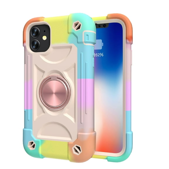 for iPhone 11 Case with Ring Stand, Heavy Duty Military Grade Rugged Shockproof Silicone Rubber Magnetic Kickstand Holder Case for Women Girls For iPhone 11, Rosegold Colorful