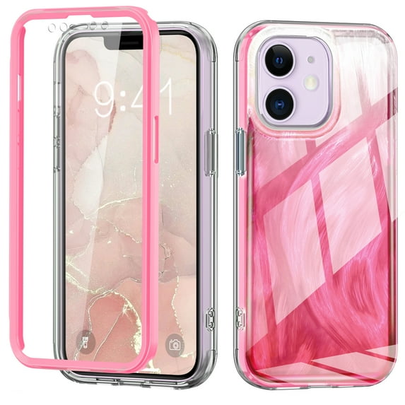 iPhone 11 Case with Screen Protector, Gradient Color Feather Pattern Full Body Shockproof Protective Anti-Scratch Drop Proof Slim Fit Phone Case for Apple iPhone 11, Rose