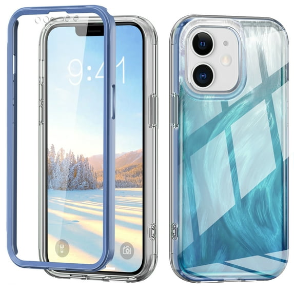 iPhone 11 Case with Screen Protector, Gradient Color Feather Pattern Full Body Shockproof Protective Anti-Scratch Drop Proof Slim Fit Phone Case for Apple iPhone 11, Blue