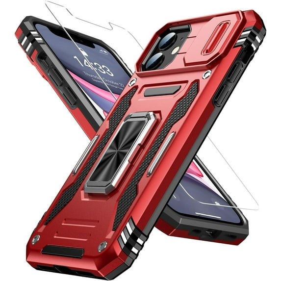 for iPhone 11 Case with Sliding Camera Cover + Screen Protector - Metal Magnetic Kickstand - Military-Grade Shockproof Matte Protective Phone Case 6.1" for Women Girls - Red