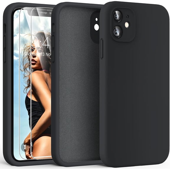 for iPhone 11 Case, Upgraded Full Camera Lens Protection with 2 Screen Protector, Liquid Silicone Ultra Slim with Soft Anti-Scratch Microfiber for iPhone 11, 6.1 inch, Space Black