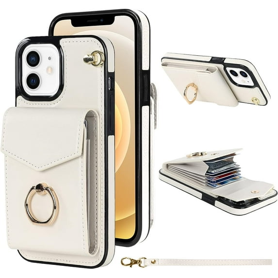 for iPhone 11 Case Wallet, Card Holder Kickstand Mental Ring Leather for iPhone 11 Case, Card Slot iPhone 11 Case for Girls Women + 1* Sling Lanyard -White