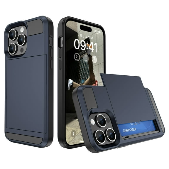 for iPhone 11 Case Wallet Credit Card Holder ID Slot Sliding Door Hidden Pocket Men Anti-Scratch Dual Layer Hybrid Bumper Armor Protective Shell Back Cover For iPhone 11, Darkblue