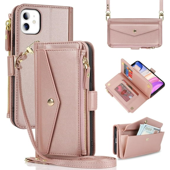 for iPhone 11 Case Wallet with Crossbody Lanyard for Women,Purse Phone Case with Card Holder,Protective PU Leather Zipper Case for iPhone 11 6.1inch,Rose Gold