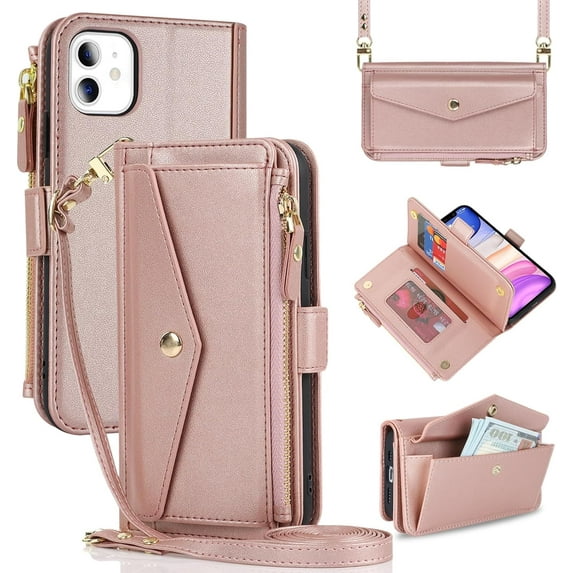 for iPhone 11 Case Wallet with Crossbody Lanyard for Women,Purse Phone Case with Card Holder,Protective PU Leather Zipper Case for iPhone 11 6.1inch,Rose Gold