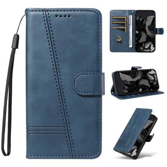 for iPhone 11 Case Wallet for Men Women, Flip Folio Cover with PU Leather Kickstand Credit Card Slots Magnetic Wrist Strap Kickstand Protective Shockproof Phone Case Cover, Blue