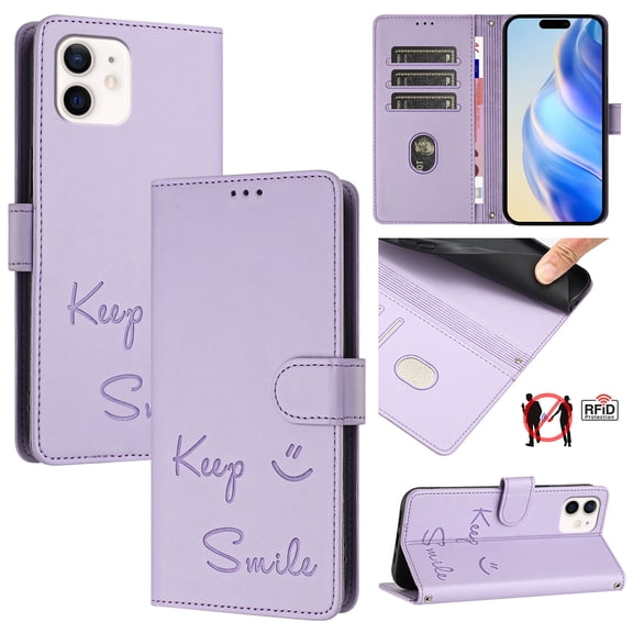 for iPhone 11 Case Wallet with RFID Blocking Card Holder, Shoulder Strap & Wrist Strap, Smile Pattern PU Leather Magnetic Clasp Flip Wallet Phone Case for iPhone 11, Purple